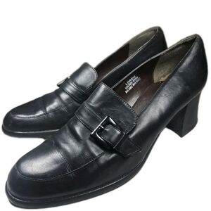 Loren Vtg Blk Leather Sz 6.5M Chunky Block Heel Women Loafer Y2K Retro Work[6B